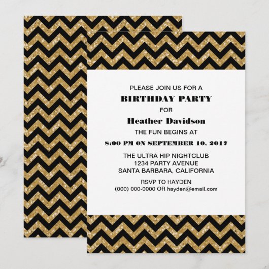 Gold Chevron Glitter Birthday Party Invite Kaart (Voorkant / Achterkant)