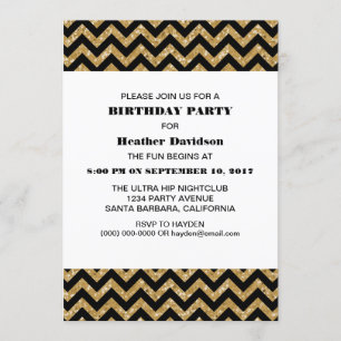 Gold Chevron Glitter Birthday Party Invite Kaart