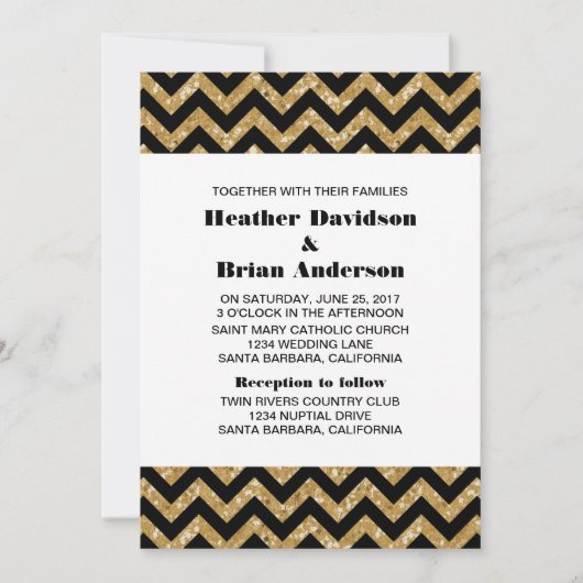 Gold Chevron Glitter Wedding Invite Kaart (Voorkant)