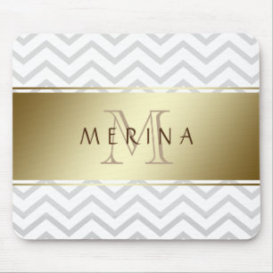 Gold Chevron Gray Pattern Monogram personaliseren Muismat