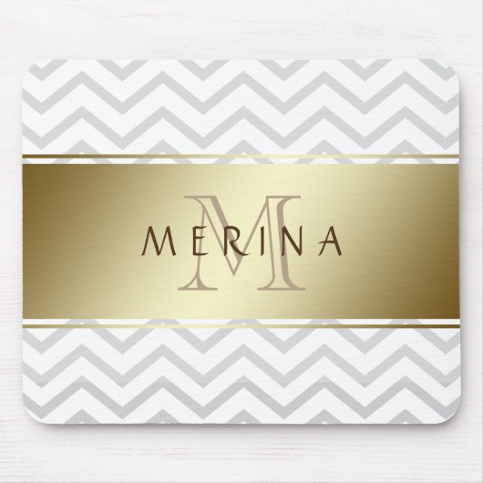 Gold Chevron Gray Pattern Monogram personaliseren Muismat (Voorkant)