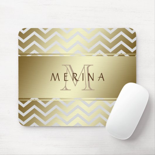 Gold Chevron Gray Pattern Monogram personaliseren Muismat (Met muis)