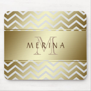 Gold Chevron Gray Pattern Monogram personaliseren Muismat