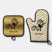 Gold Chevron Mr. & Mrs. Hearts Monogram Golden Ovenwant & Pannenlap Set (Voorkant)