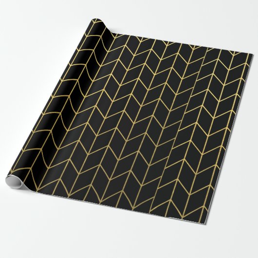 Gold Chevron op zwarte achtergrond Moderne afbeeld Cadeaupapier (Uitgerold)