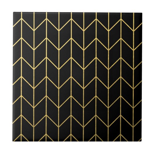 Gold Chevron op zwarte achtergrond Moderne afbeeld Tegeltje (Voorkant)