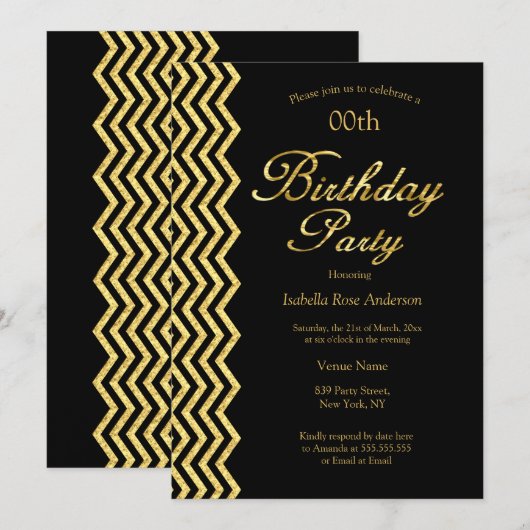 Gold Chevron stripe Black Gold Elegant Birthday Kaart (Voorkant / Achterkant)