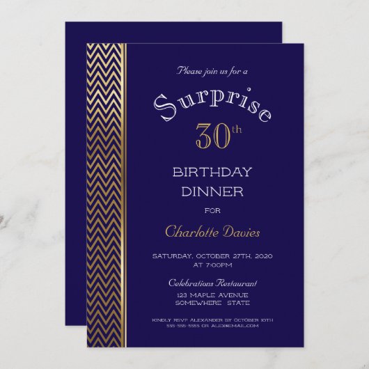 Gold Chevron Stripe Blue Surprise 30th Birthday Kaart (Voorkant / Achterkant)
