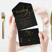 Gold Chic Calligraphy Black Classy Elegant Wedding All In One Uitnodiging