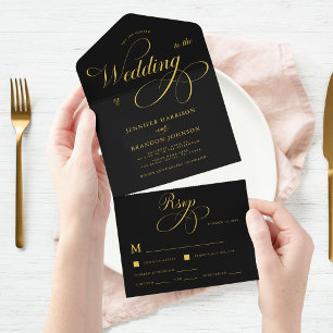 Gold Chic Calligraphy Black Classy Elegant Wedding All In One Uitnodiging