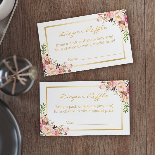 Gold Chic Floral Baby shower Diaper Raffle Ticket Visitekaartje