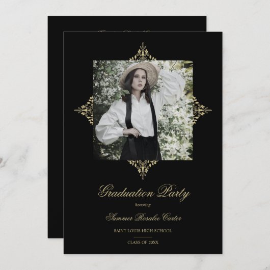 Gold Chic Lace Romantic Photo Graduation Party Kaart (Voorkant / Achterkant)