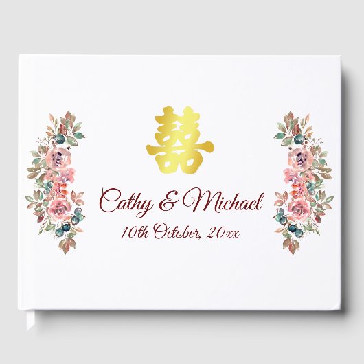 Gold Chinese bruiloft met dubbele vreugde floral Gastenboek (Voorkant)