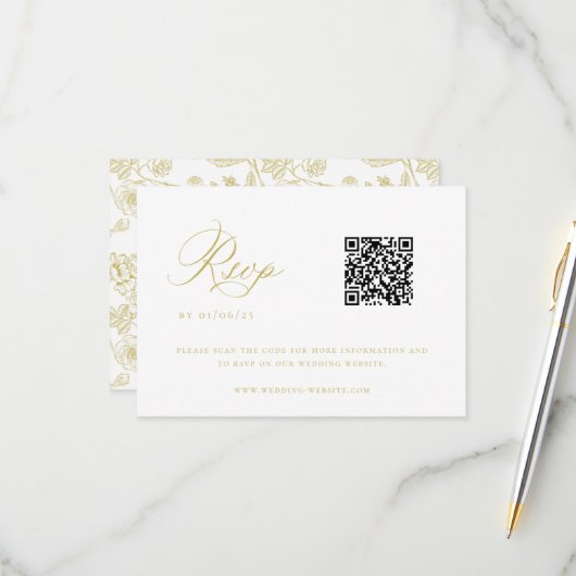 Gold Chinoiserie Wedding QR Code RSVP Kaartje (Voorkant / Achterkant in situ)