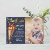 Gold Chocolate Ice Cream Birthday Navy Blue Photo Bedankkaart (Staand voorkant)