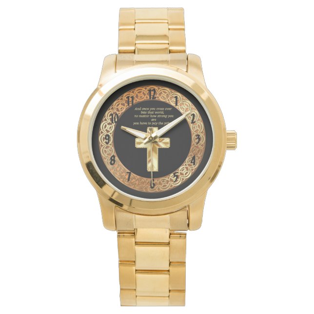 Gold Christelijk Crucifix Cross met grappig gezegd Horloge (Voorkant)
