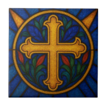 Gold Christian Cross Stained Glass Ceramic Tile