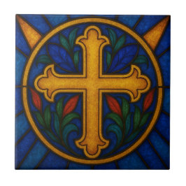 Gold Christian Cross Stained Glass Ceramic Tile Tegeltje