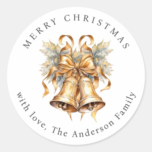 Gold Christmas Bells Ribbon Greenery Holiday Ronde Sticker (Voorkant)