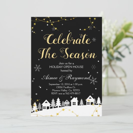 Gold Christmas Holiday open huis uitnodiging (Staand voorkant)