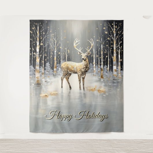 Gold Christmas Reindeer Holiday Backdrop Wandkleed (Voorkant)
