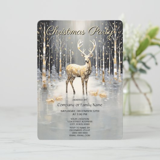 Gold Christmas Reindeer Holiday Party Invitation Kaart (Staand voorkant)