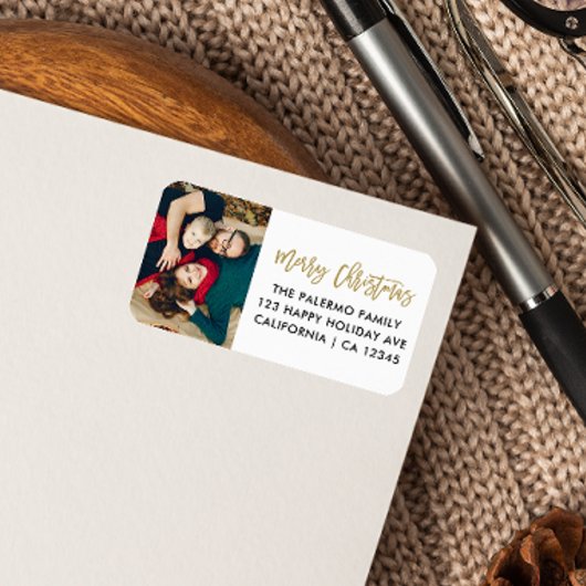 Gold Christmas Script Typography foto retour Etiket