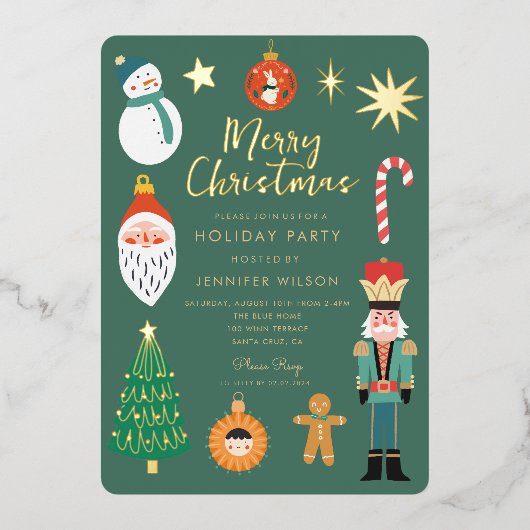 Gold Christmas Things Holiday Santa Family Foto Folie Uitnodiging (Voorkant)