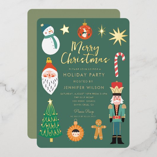 Gold Christmas Things Holiday Santa Family Foto Folie Uitnodiging (Voorkant / Achterkant)