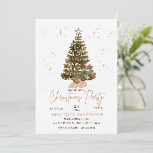   gold christmas tree party invite  kaart (Staand voorkant)