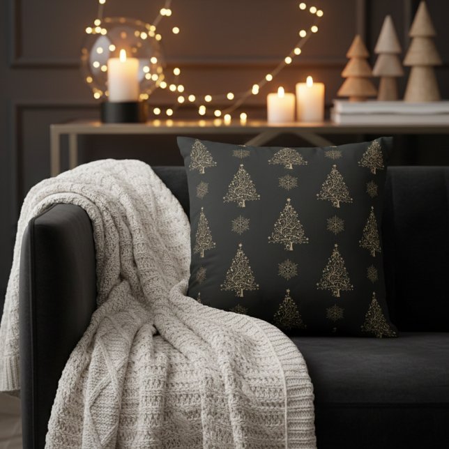 Gold Christmas Trees and Snowflakes Decorative Kussen (Gold Christmas Trees and Snowflakes Decorative Throw Pillow)