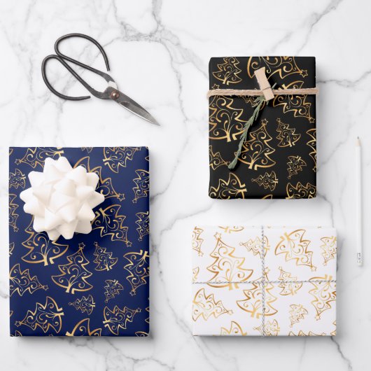 Gold Christmas Trees on Navy Blue, Black, White Inpakpapier Vel (Voorkant)