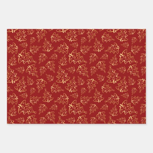 Gold Christmas Trees on Red, Black, White Inpakpapier Vel (Voorkant)
