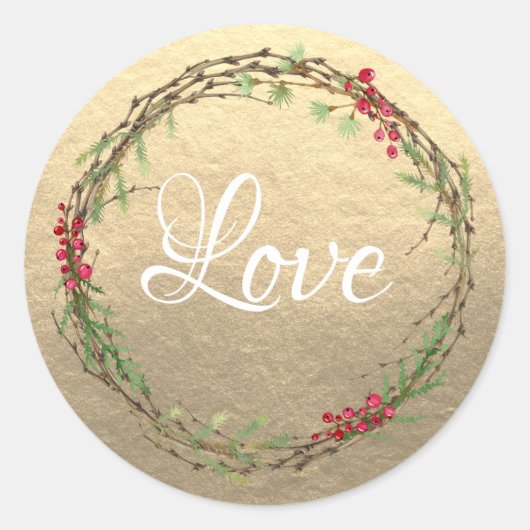 Gold Christmas Wreath Love Ronde Sticker (Voorkant)