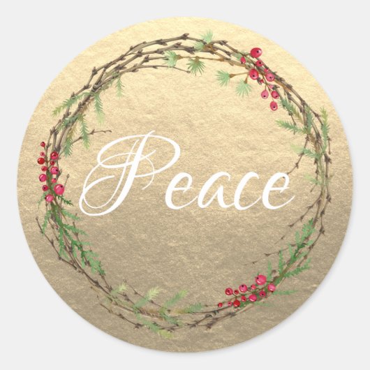 Gold Christmas Wreath Peace Ronde Sticker (Voorkant)
