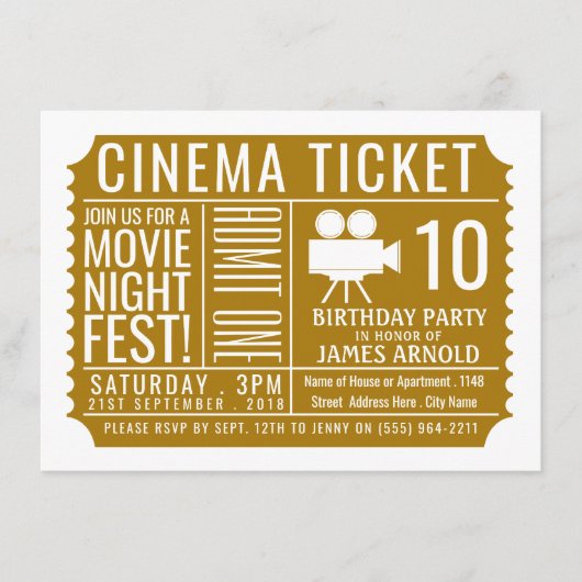 Gold Cinema Ticket, Kind Birthday Party Ticket Informatiekaartje (Voorkant)
