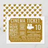 Gold Cinema Ticket, Kind Birthday Party Ticket Informatiekaartje (Voorkant / Achterkant)