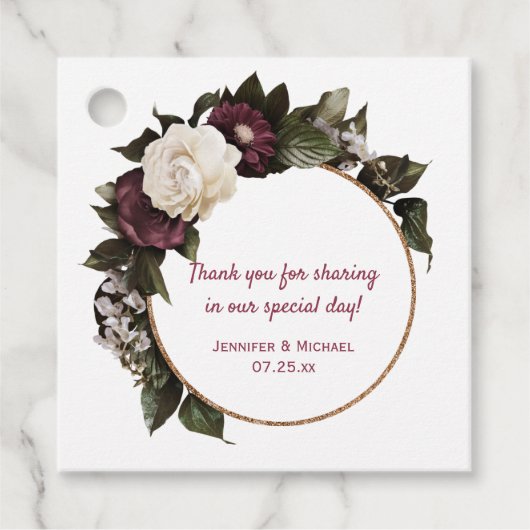 Gold Circle Bourgondië en Blush Pink Bloemen Krans Bedankjes Labels (Voorkant)