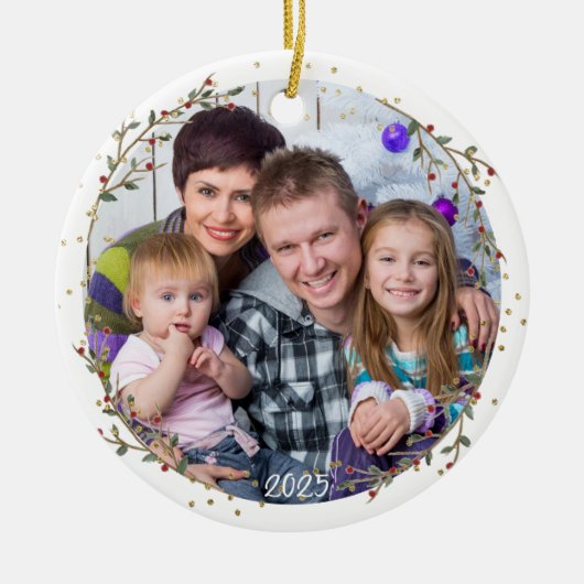 Gold Circle Familiefoto Kerst Keramisch Ornament (Voorkant)