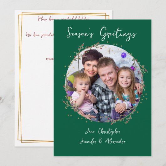 Gold Circle & Green Family Foto Kerst Kaart (Voorkant / Achterkant)