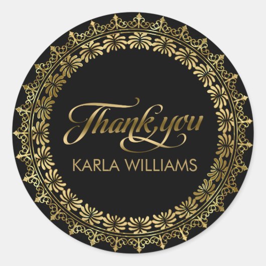 Gold Circle Lace Lijst Bedankt Typografie Ronde Sticker (Voorkant)