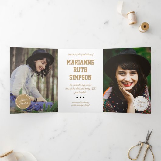 Gold Circles 5-Photo-Afstuderen Drieluik Uitnodiging (Binnen)