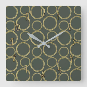 Gold Circles & Rustige Olive Green Modern Chic Vierkante Klok