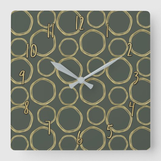 Gold Circles & Rustige Olive Green Modern Chic Vierkante Klok (Voorkant)