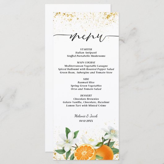 Gold Citrus Orange Script Floral Wedding Menu (Voorkant / Achterkant)