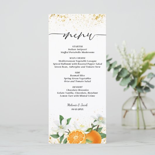 Gold Citrus Orange Script Floral Wedding Menu (Staand voorkant)