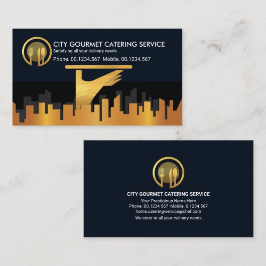 Gold City Silhouette Waiter Serving Visitekaartje (Voorkant / Achterkant)