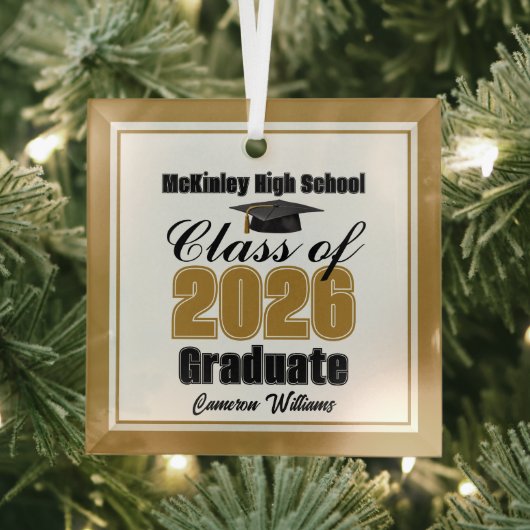 Gold Class of 2026 Graduation Custom Christmas Glas Ornament (Insitu)