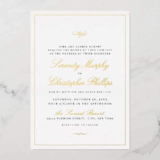Gold Classic Elegance Script Simple Wedding Folie Uitnodiging (Voorkant)
