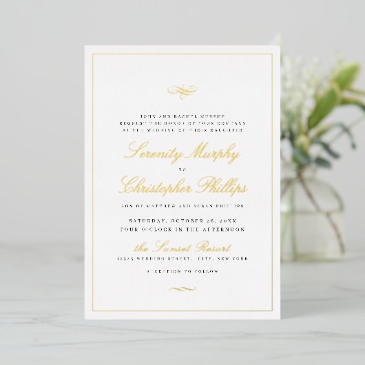 Gold Classic Elegance Script Simple Wedding Folie Uitnodiging (Staand Voorkant)
